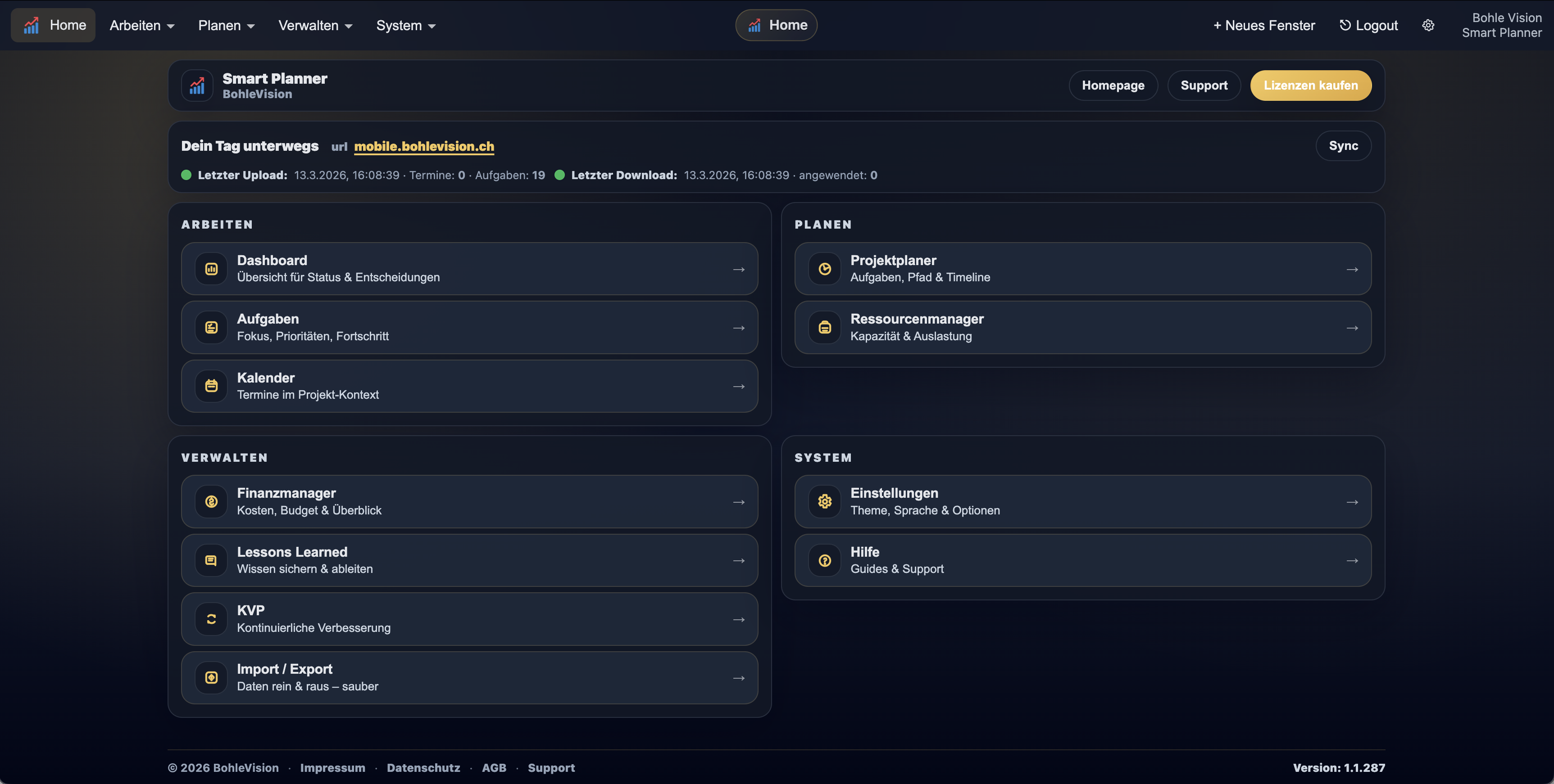 Smart Planner Startseite mit Modulen