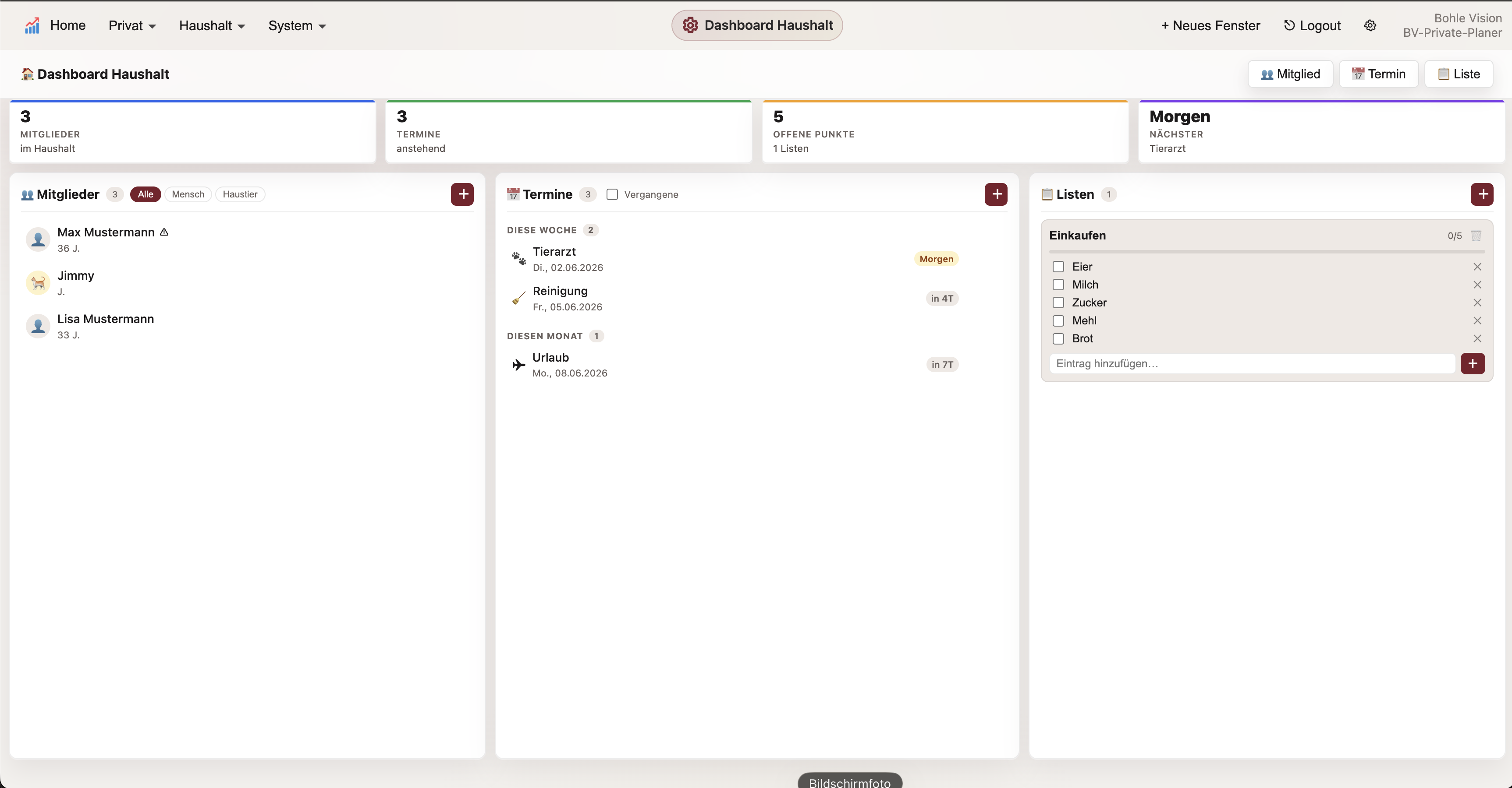 BV Private Planner Haushalt und Listen mit Terminen, Teilnehmern und Einkaufsliste