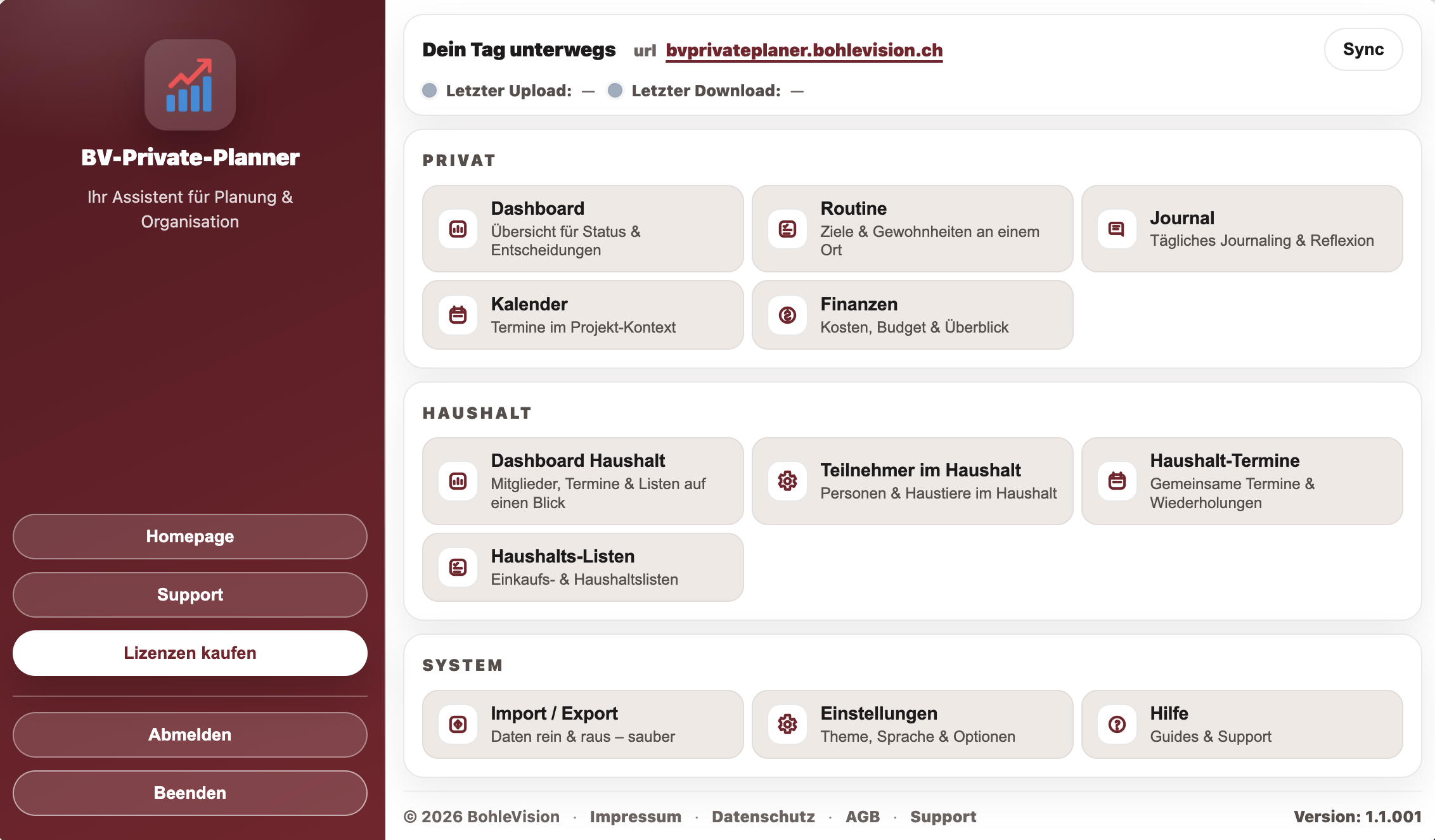 BV Private Planner Startseite mit Modulen für Tagescockpit, Ziele, Gewohnheiten, Finanzen und Haushalt